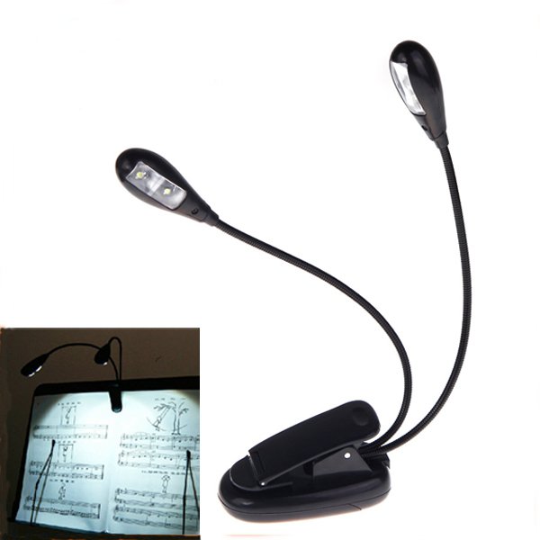 2 Dual Arms 4 LED Flexible Book Music Stand Clip On Light Lamp Black